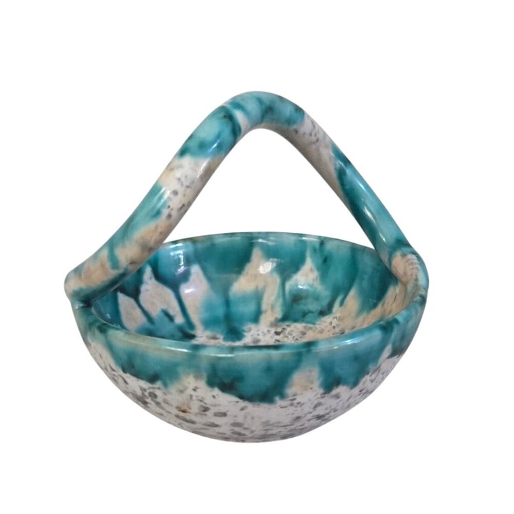 Terracotta Pottery Art Glazed Basket Green White Drip Paint Made Italy Numbered